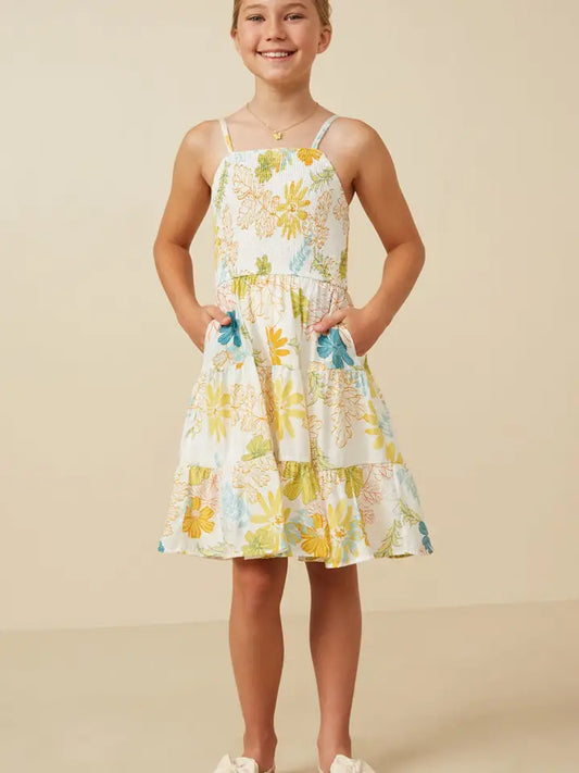 Yellow Tropic Foliage Print Smocked Tank Dress