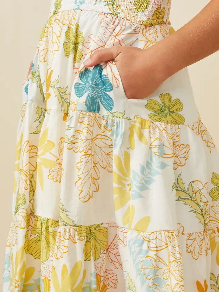 Yellow Tropic Foliage Print Smocked Tank Dress