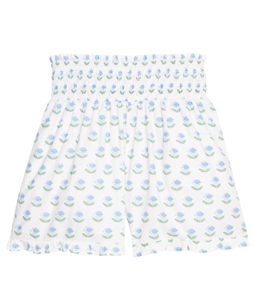 Shirred Ruffle Shorts-Blue Tulip Block Print