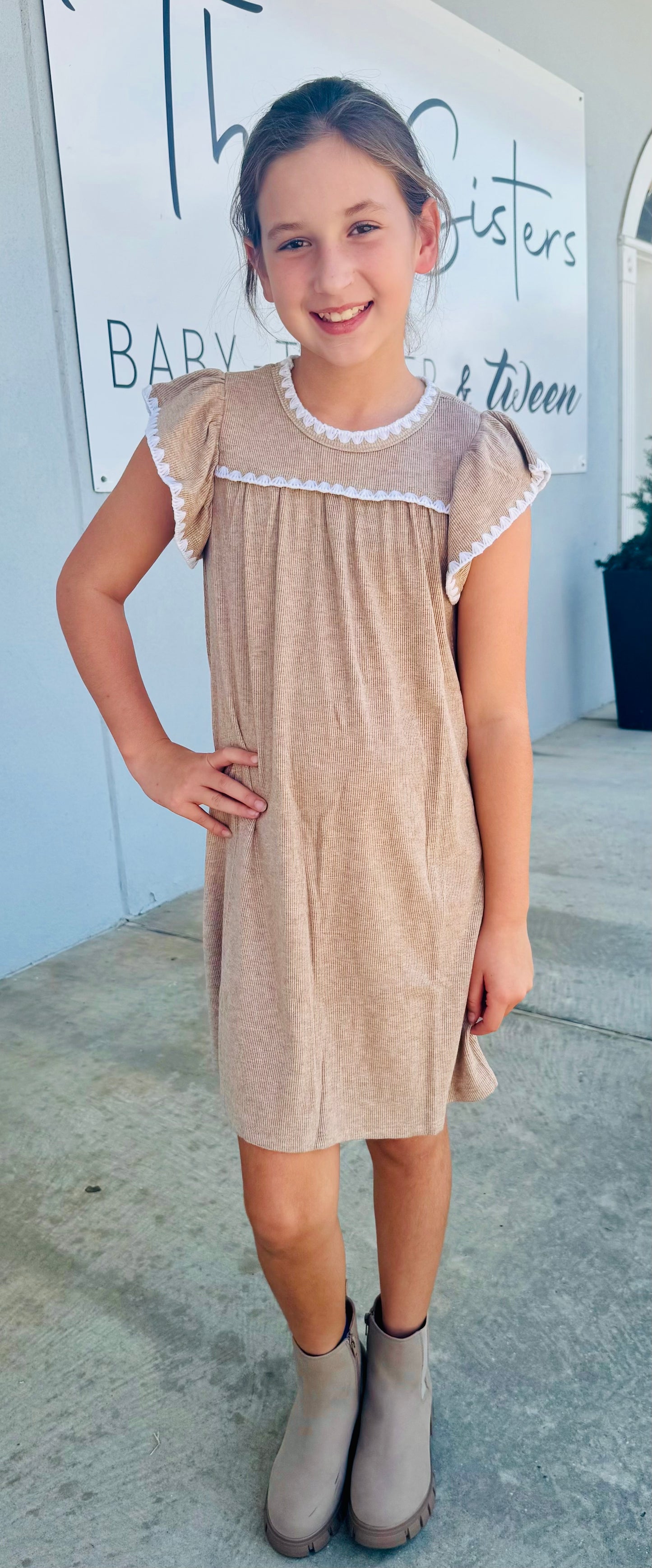Taupe Crochet Stitched Ribbed Knit Dress
