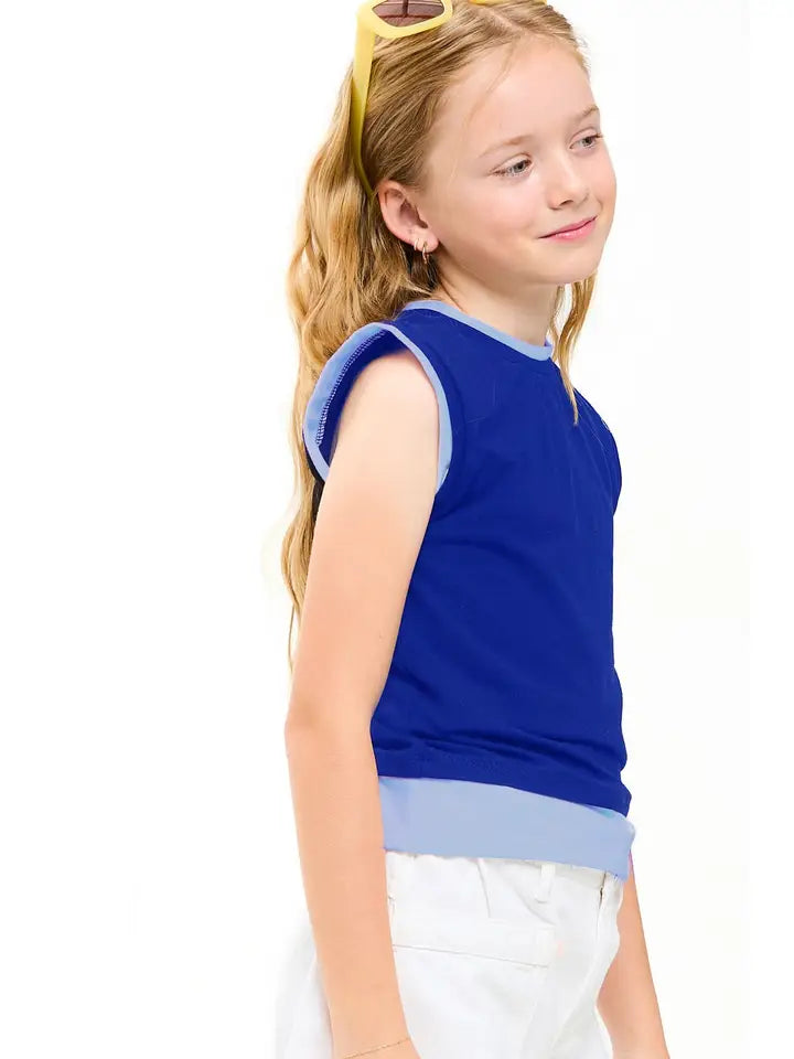Color Blocked Sleeveless Layered Top, Blue