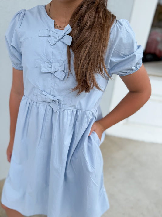 Blue Ribbon Detailed Puff Sleeve Dress