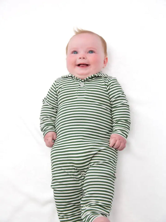 Sweatshirt Polo Romper , Stripes(Green)
