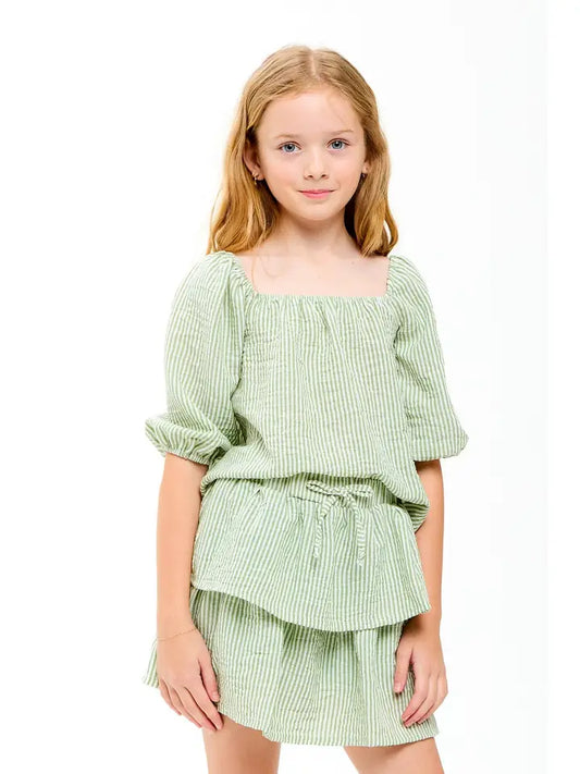 Sage Balloon Sleeve Striped Gauze Top