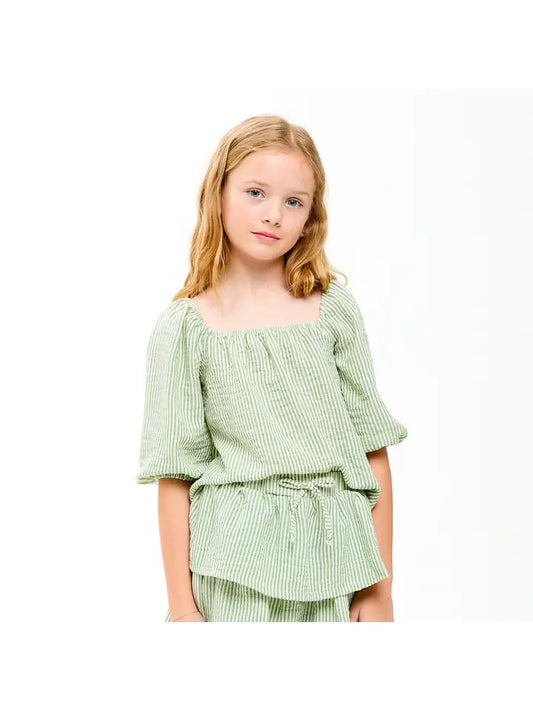 Sage Balloon Sleeve Striped Gauze Top