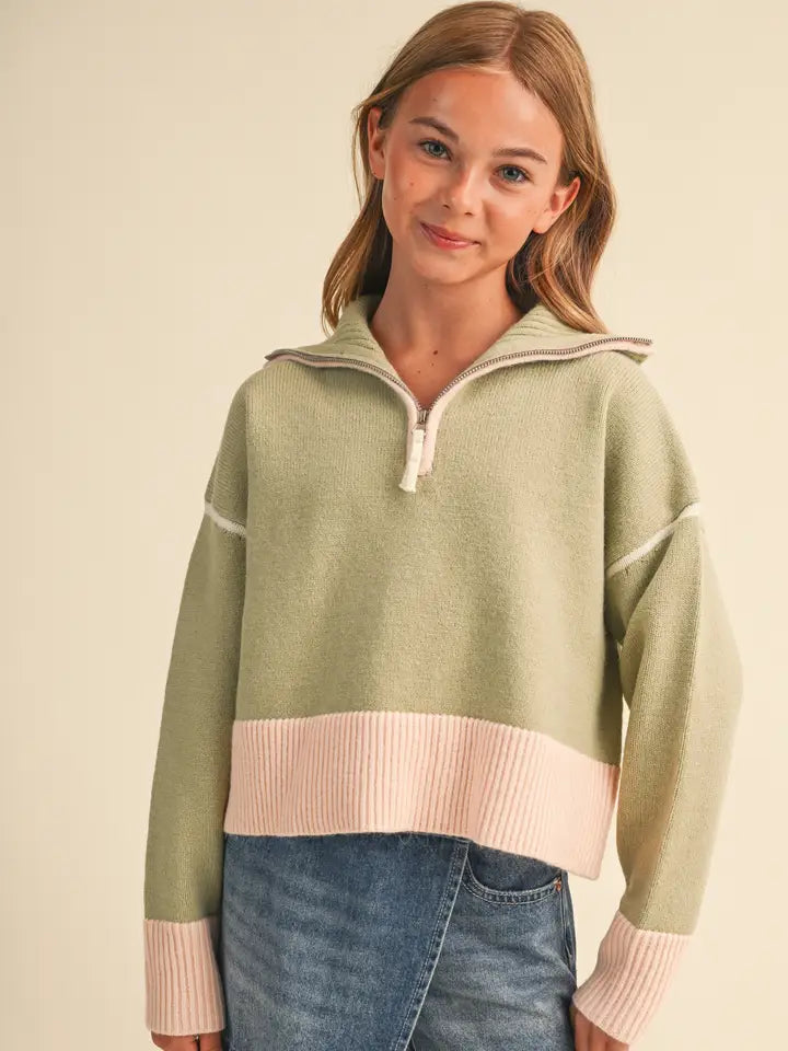Sage Pink Half Zip Collar Sweater
