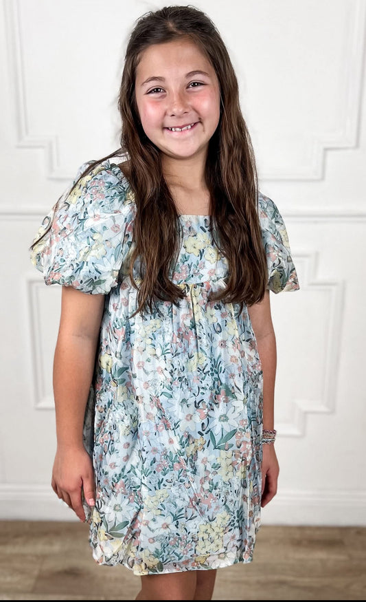 Sage Floral Organza Puff Sleeve Dress