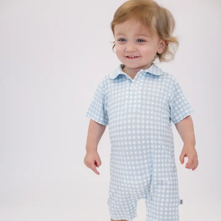 Blue Gingham Short Sleeve Polo Romper