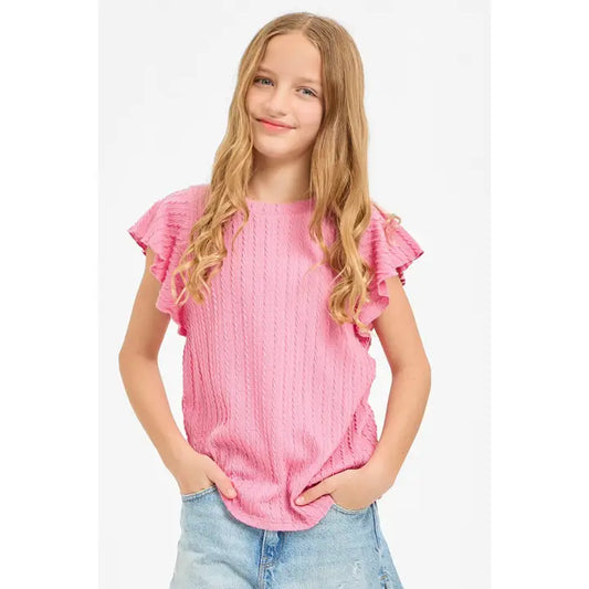 Pink Embossed Knit Ruffle Sleeve Top
