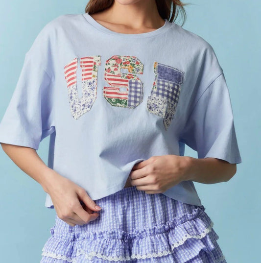 USA Patchwork Cotton Cropped Top