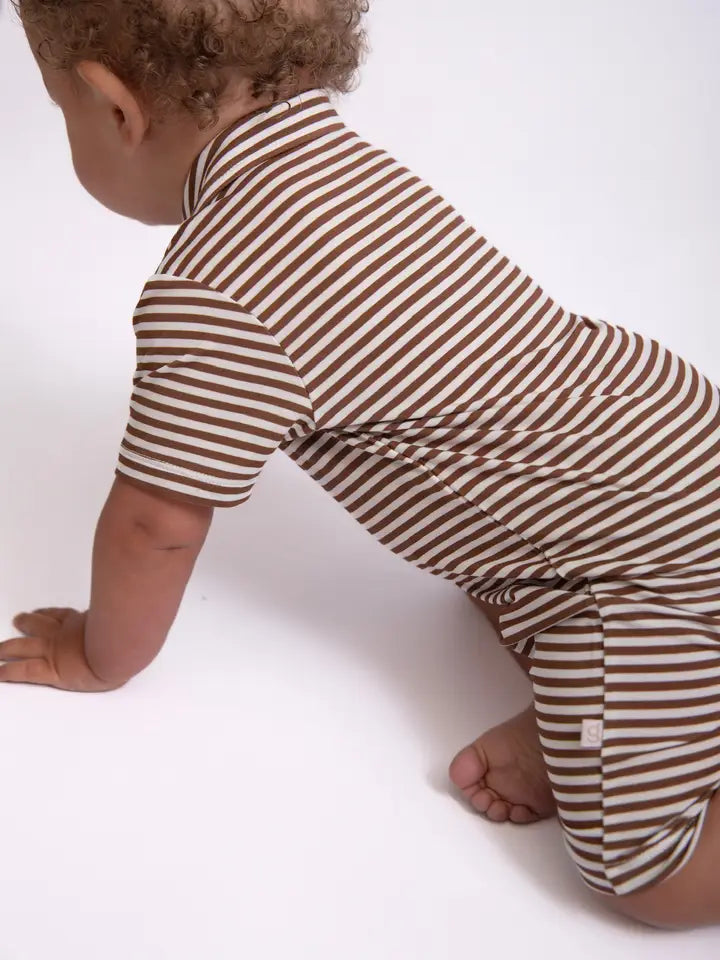 SS Polo Romper, Choc Stripes