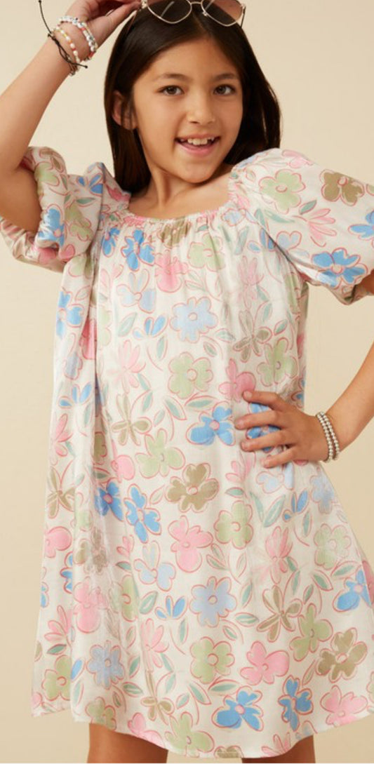 Ivory Floral Puff Sleeve Foiled Dress