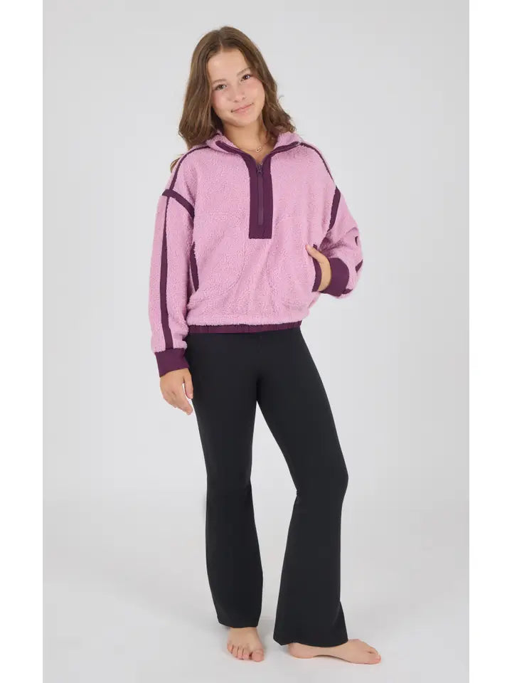 Sherpa Half Zip and Flare Pant Set, Pink Lavender/Black