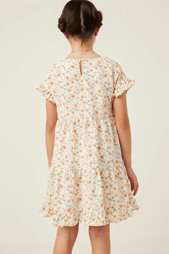 Off White V Neck Ruffle Short Sleeve Tiered Floral Dress