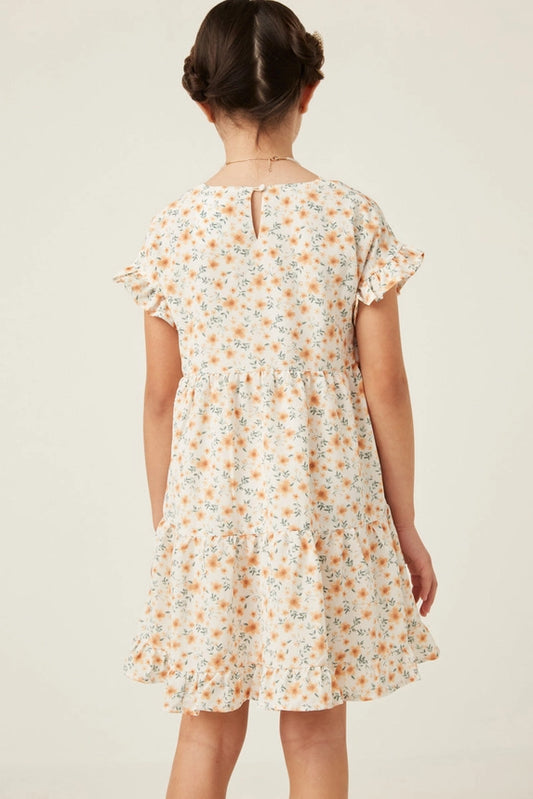 Off White V Neck Ruffle Short Sleeve Tiered Floral Dress