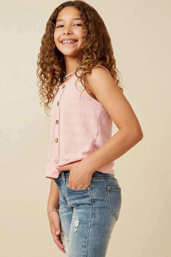Pink Patterned Button Detail Knit Tank