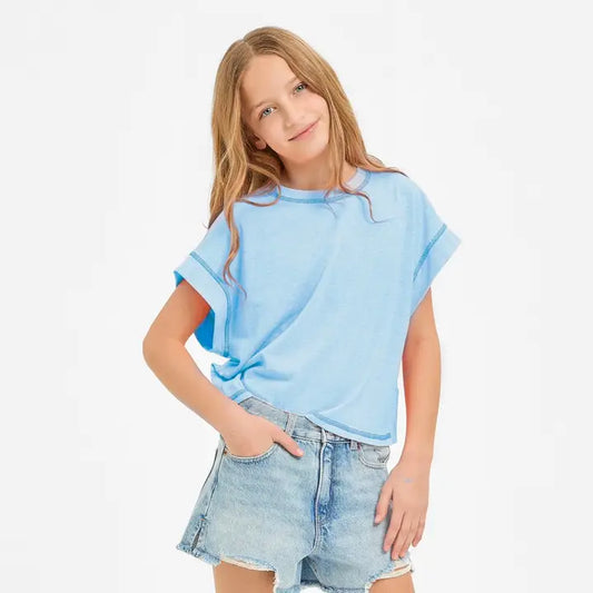 Overlap Open Back Reverse Stitched Top , Aqua