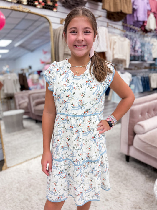 Blue Floral Ribbon Trim Dress