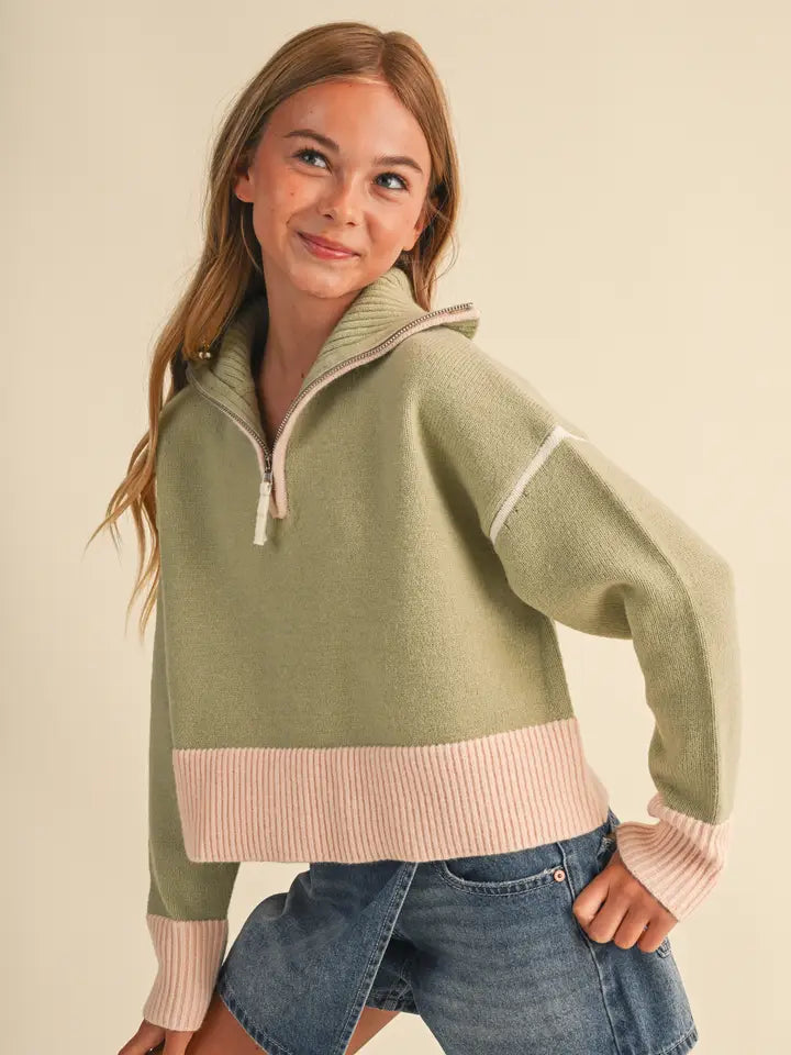 Sage Pink Half Zip Collar Sweater