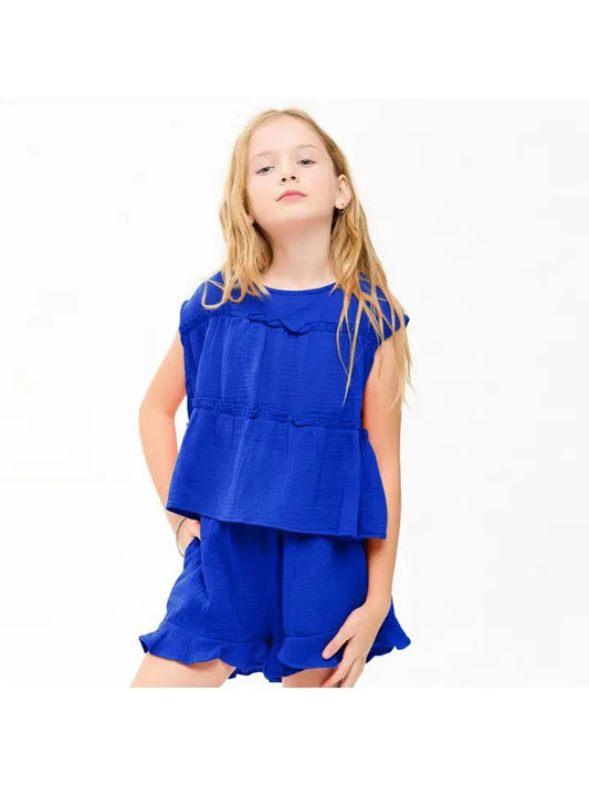 Royal Blue Cotton Gauze Ruffle Top