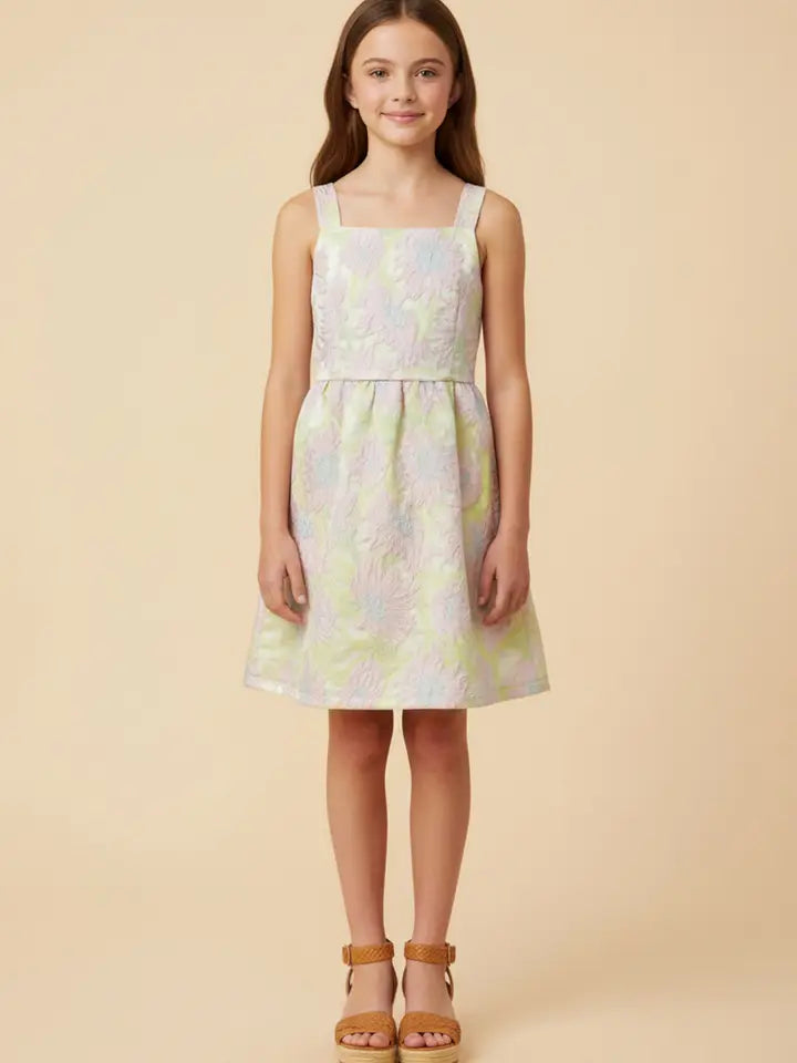 Pink Mix Floral Jacquard Square Neck Sleeveless Dress