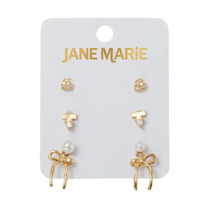 Set of 3 Earrings Heart, Bar, Pearl