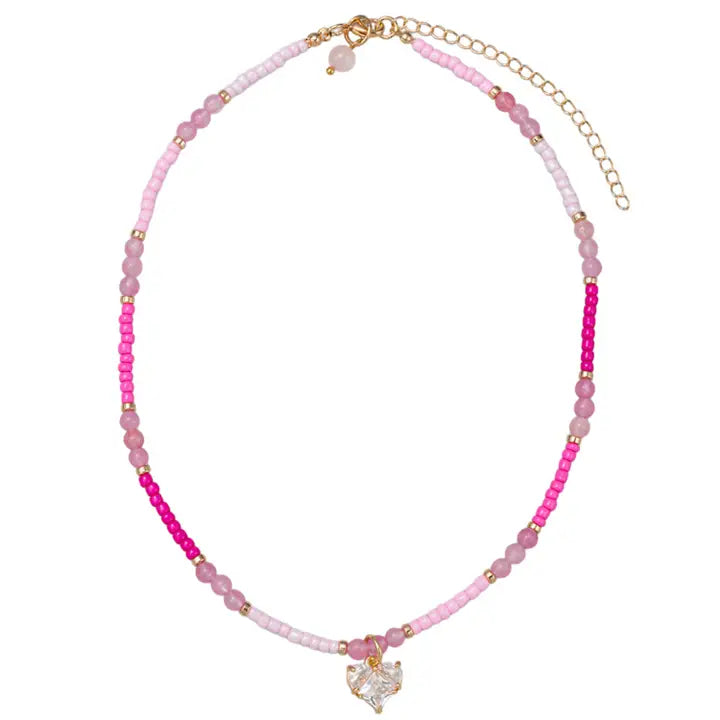 Pink Beaded Crystal Heart Necklace