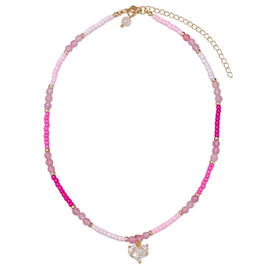 Pink Beaded Crystal Heart Necklace