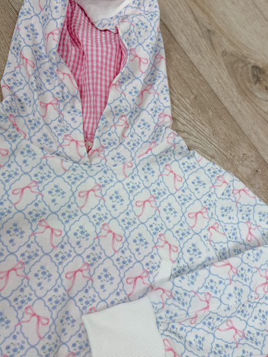 Color Block Detail Bow Printed Terry Hoodie