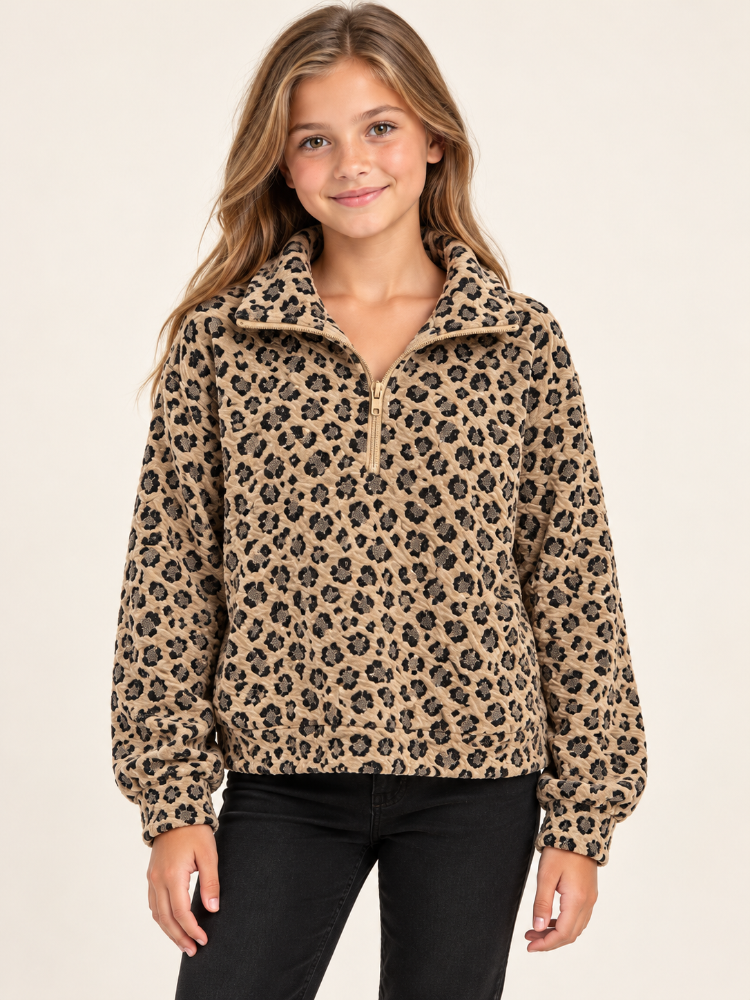 Leopard Print Mock Neck Zip Top