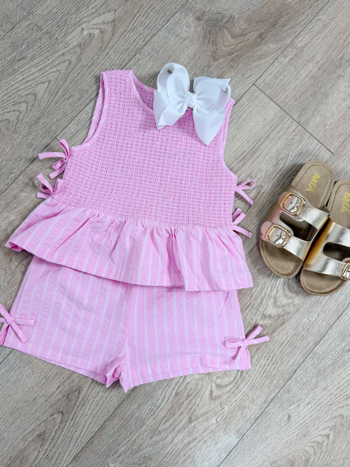 Pink Smocked Tank & Short Set W Bow Detail