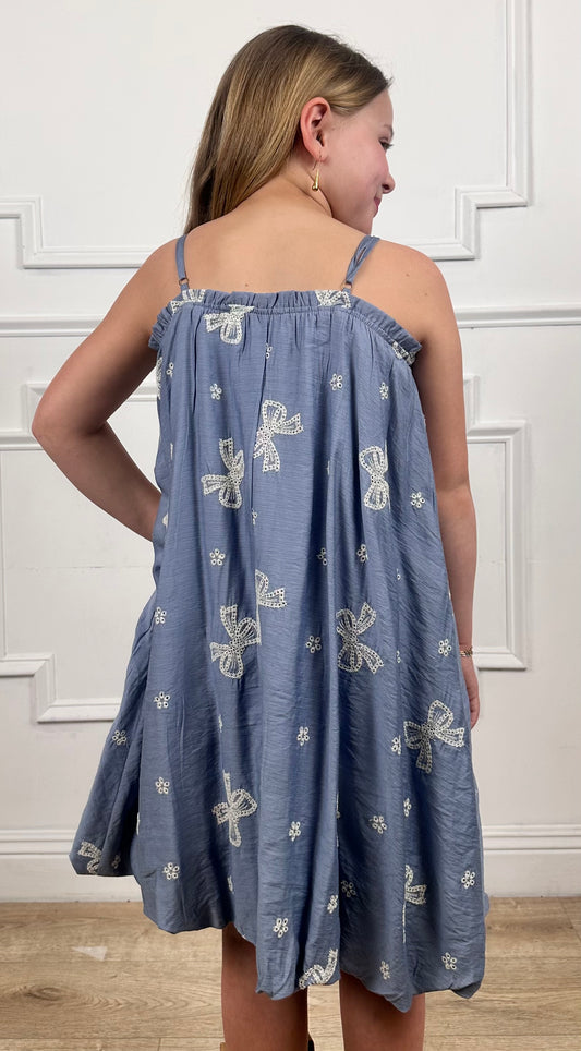 Blue Crochet Bow Balloon Hem Dress
