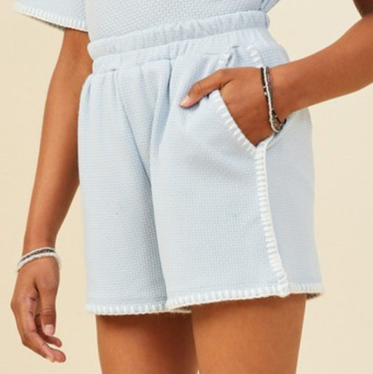Blue Stitched Knit Shorts