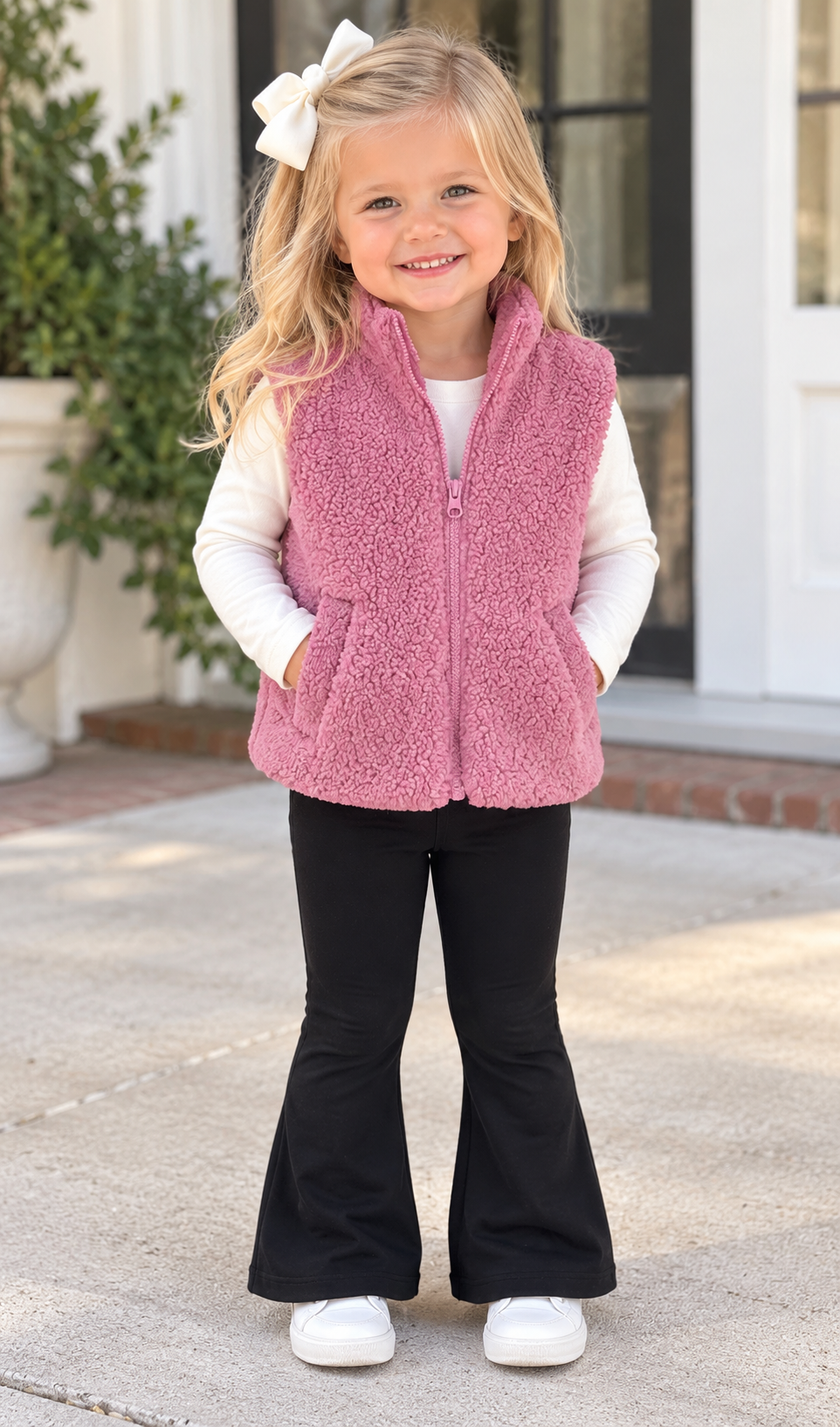 Toddler Mauve Orchid Toddler Sherpa Puffer Vest,  Top and Flare Pants