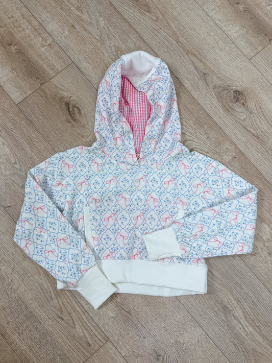 Color Block Detail Bow Printed Terry Hoodie