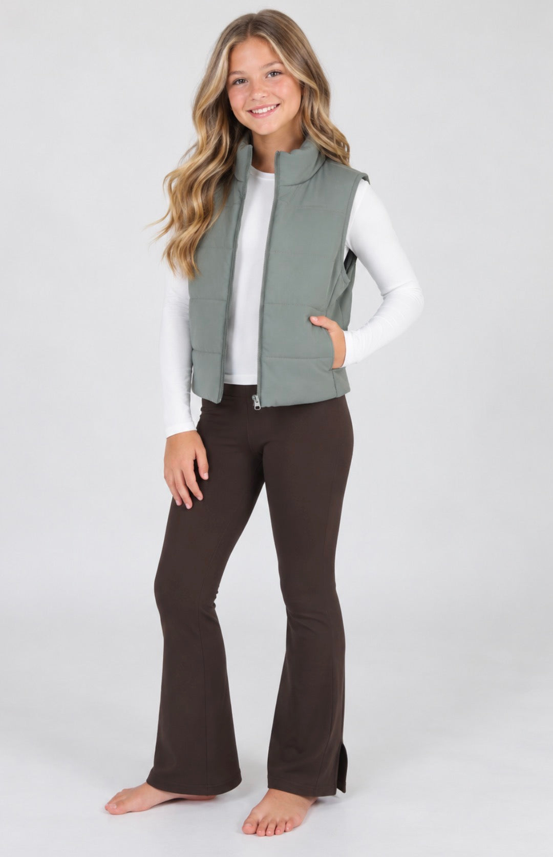 Puffer Vest, Flare Pant, Long Sleeve Top SET, Mulled Basil