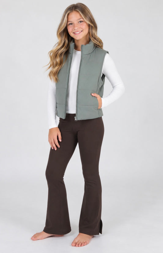 Puffer Vest, Flare Pant, Long Sleeve Top SET, Mulled Basil
