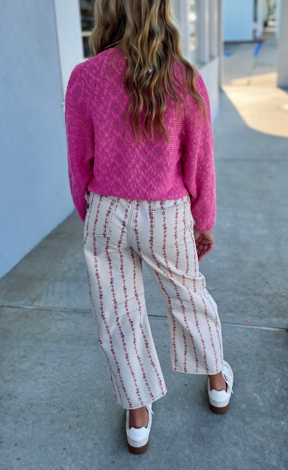 Cream/Pink Floral Stitched Denim Pants