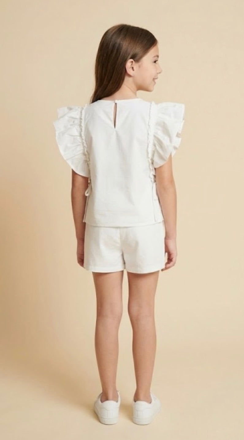 White Bow Detailed Ruffle Top