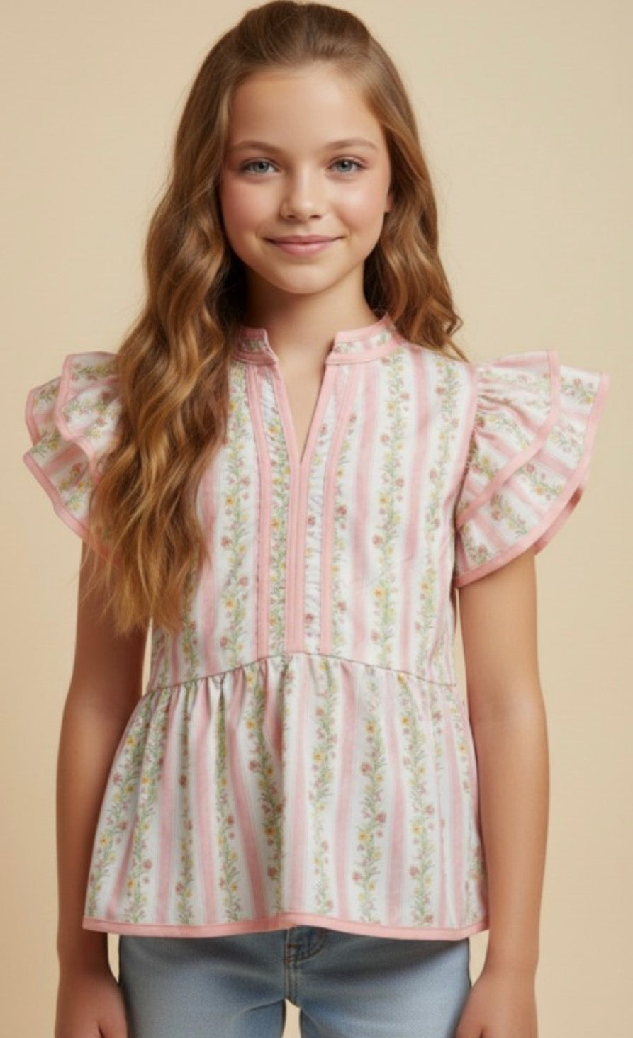 Pink Floral Striped Ruffle Shoulder Top