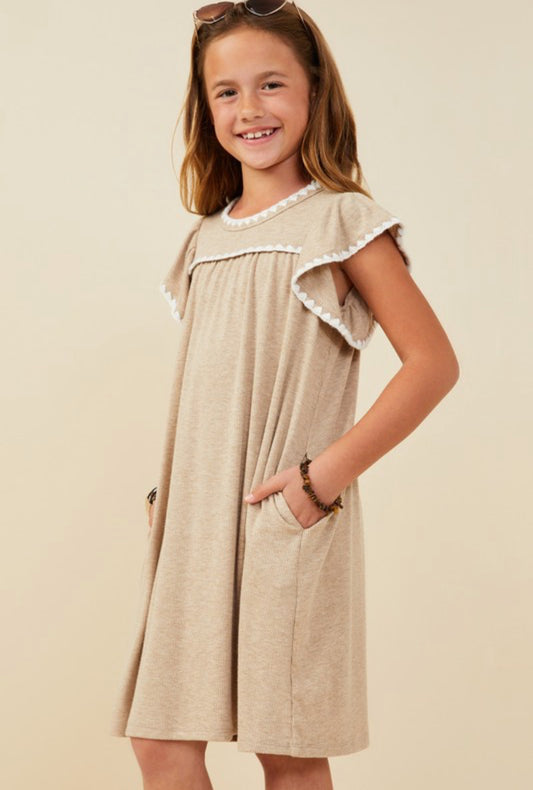 Taupe Crochet Stitched Ribbed Knit Dress