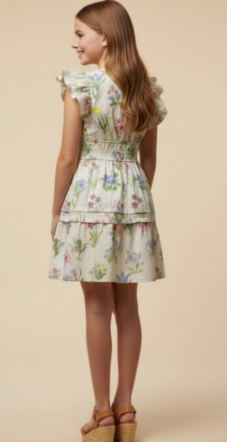 Cream Floral Smocked Ruffle Tank Dress