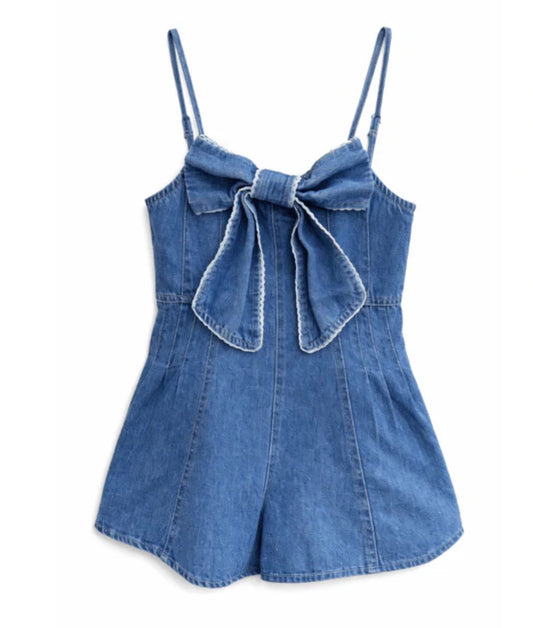 Front Bow Scallop Trim Denim Romper