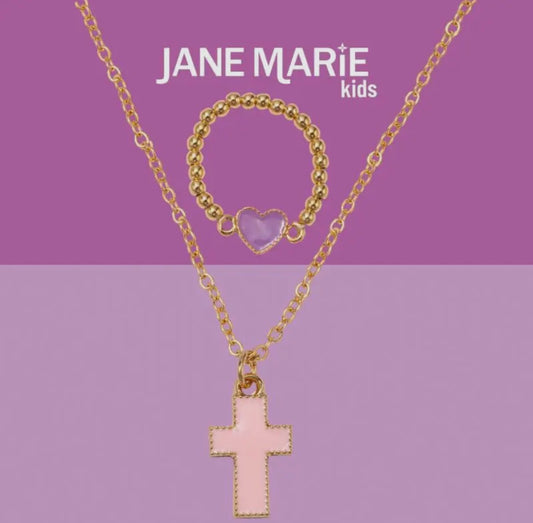 14" Necklace w/Light Pink Cross & Purple Heart Ring