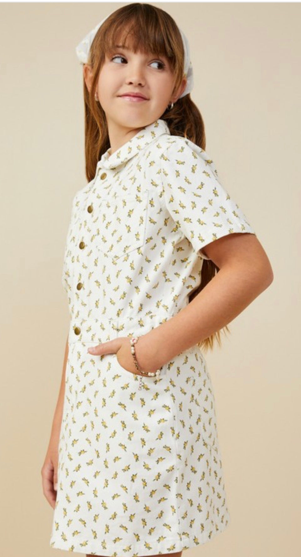 Off White Ditsy Print Button Down Twill Dress
