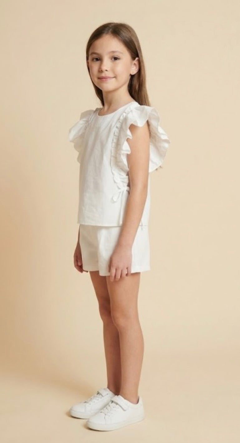 White Bow Detailed Ruffle Top