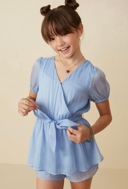 Blue Belted Surplice Peplum Layered Organza Romper