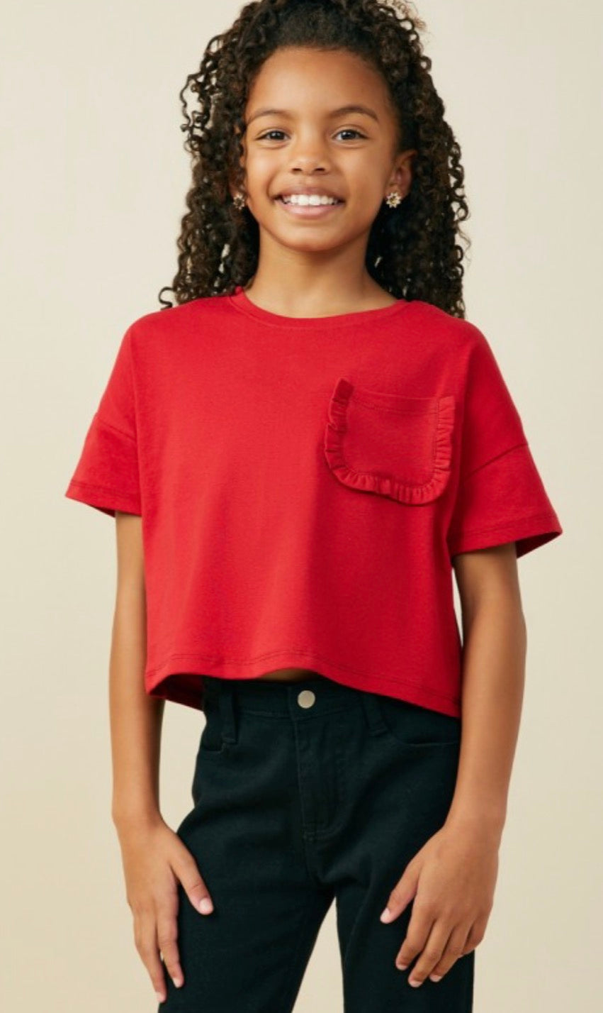Red Ruffle Pocket Knit Tee