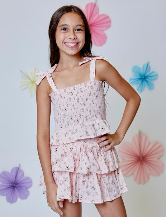 Pink Floral Smocked Tank & Skirt Set