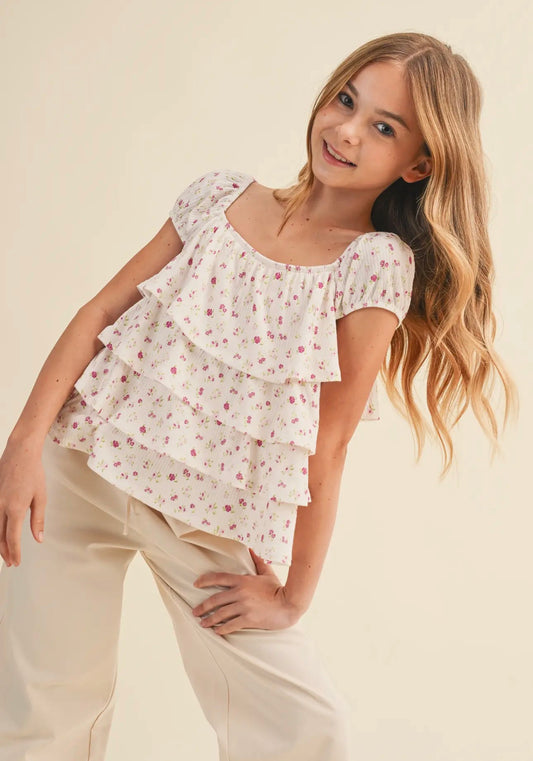 Ruched Shoulder Ruffle Cropped Top